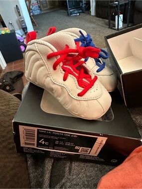Nike Kids White Sneakers with Red & Blue Laces